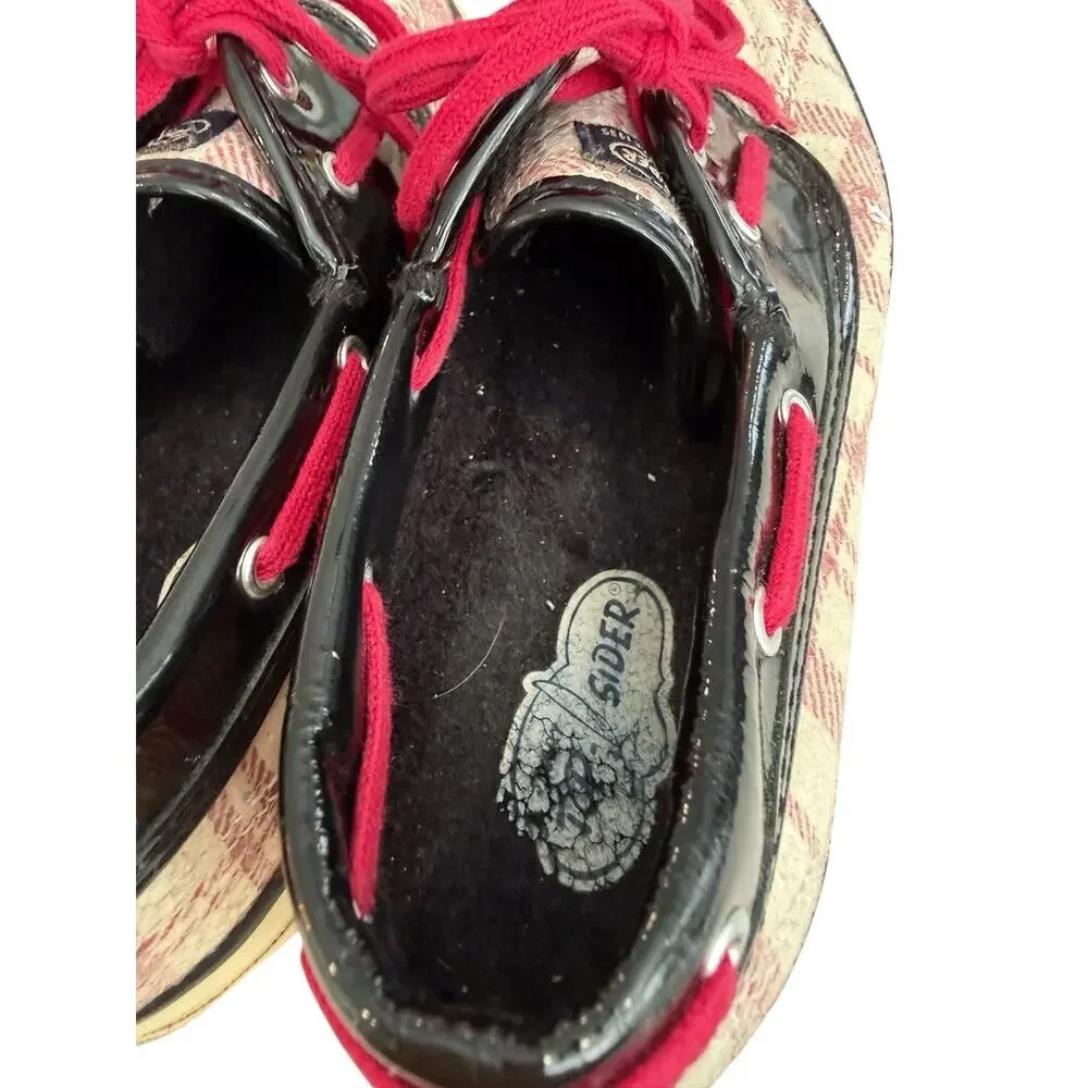 Size 9 Sperry Top Sider Seamate Red Plaid Sequins Black Patent Boat Shoes Womens